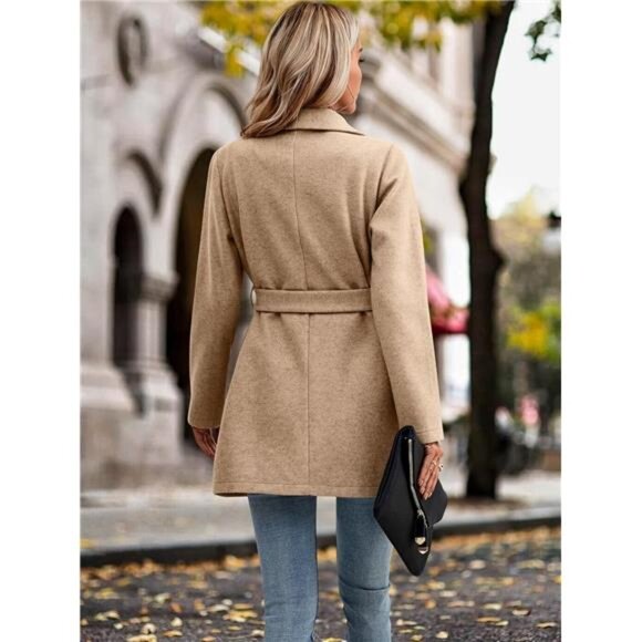 Women's Winter Coat - Casual Lapel Mid-Long Open Front Wool Blend - Picture 5 of 6